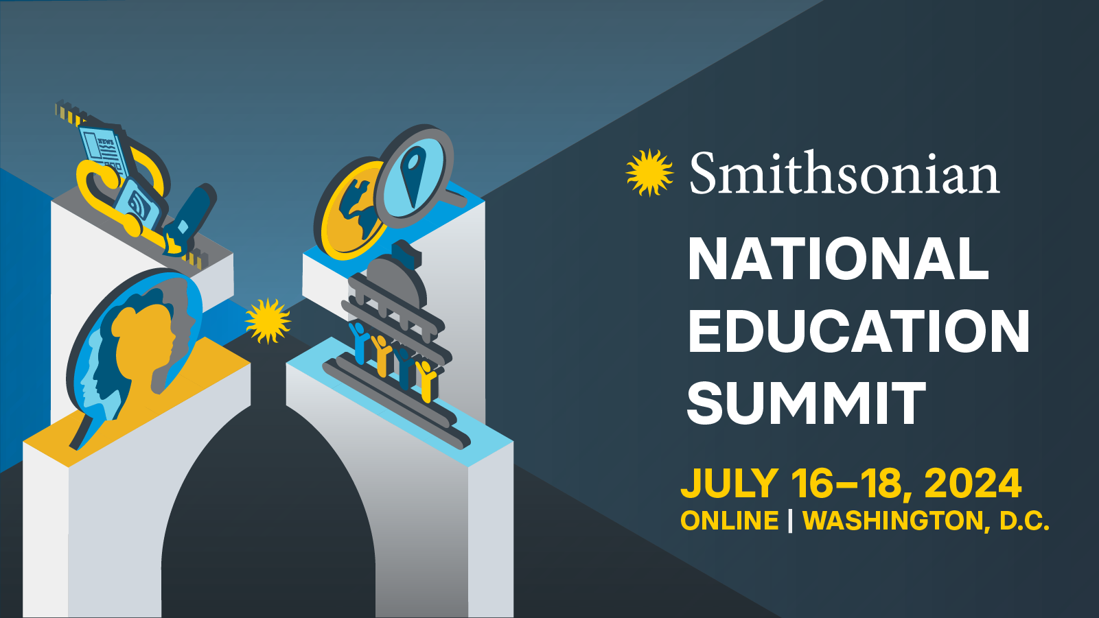 Graphic: 4 grey, blue, and yellow icons representing the 4 session tracks are on columns. Text: Smithsonian National Education Summit