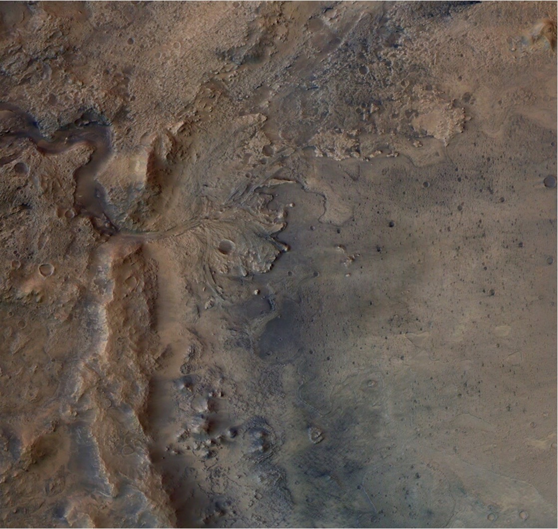 Aerial image of red surface of Mars.