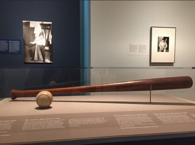 view of bat and ball in exhibit case