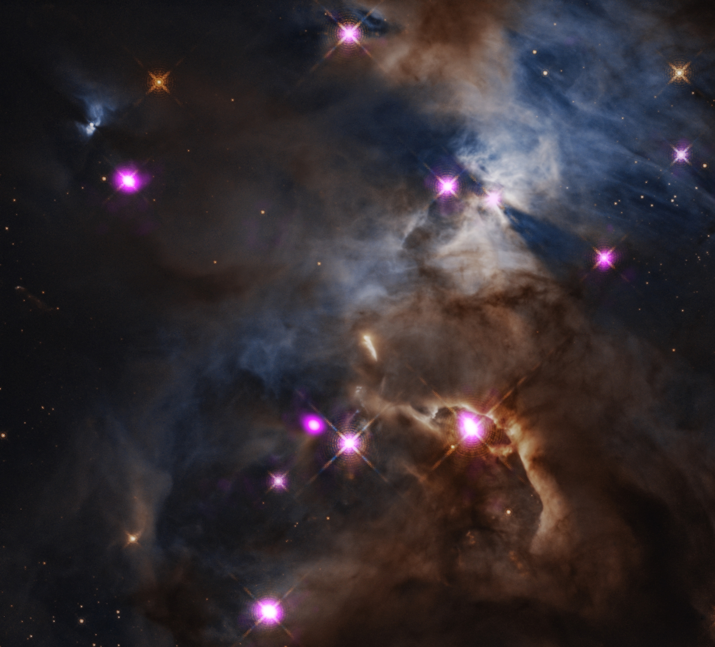 In this composite image, several pink and white stars gleam through murky cloud formations. These are young stars detected by Chandra. At our lower right, an opaque cloud resembling a veined slug rises out of a muddy brown mist. Blue and grey clouds with hints of brown stretch from our lower left, to our upper right. There, near the upper righthand corner, two long black triangles appear to burst from a central gleaming star. These triangles are in fact shadows from the young star, cast on distant blue and grey clouds. The eerie shape, reminiscent of the Batman call sign projected against a cloudy Gotham sky, has earned the phenomenon the nickname The Bat Shadow. 