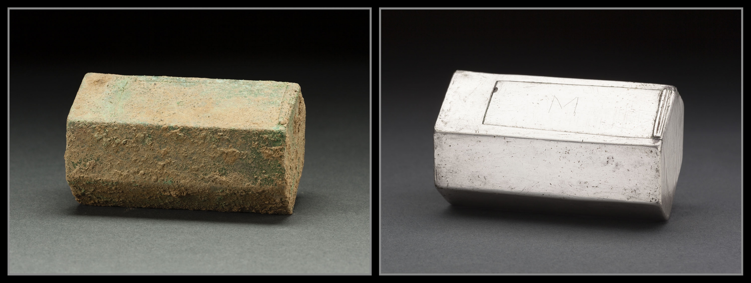 A well-preserved silver box (shown before and after conservation) believed to be a Catholic reliquary resting on top of Capt. Gabriel Archer’s coffin was an unexpected find at the site of the 1608 Anglican church, suggesting that at least one of the colonists retained his Catholic faith, perhaps in secret. (Photo by Donald Hurlbert) 