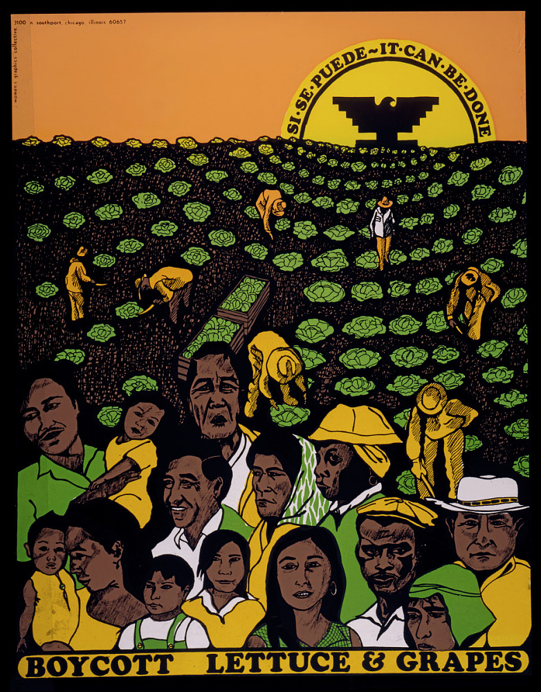 Poster with illustration of a group of people in front of a field of green plants and farm workers. A large yellow sun is on the horizon with a bird-shaped logo in its center, surrounded by text: "si se puede, it can be done." Text at the bottom: "boycott lettuce & grapes."