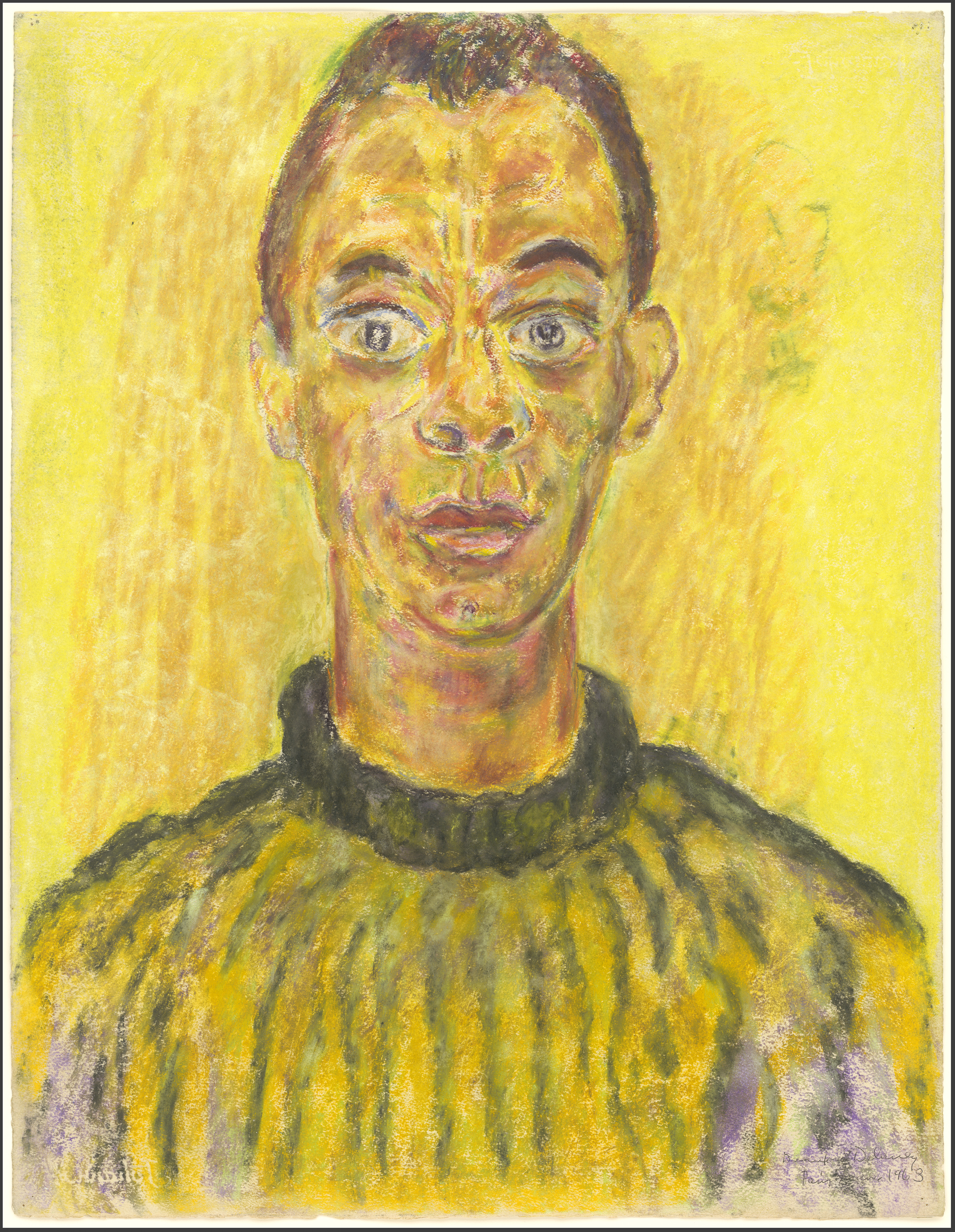 Painted, stylized portrait with bright yellow background of a man with long oval face.face.