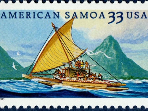 Image of a stamp that has an illustration of a Somoan sailing vessel. 