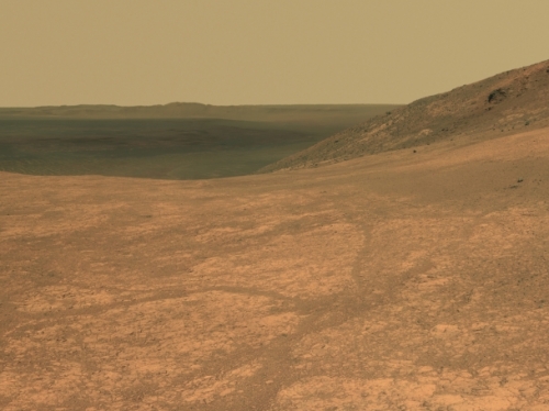 Image of red valley on Mars from Opportunity rover. 