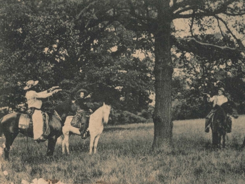 men on horses surrounding a tree with guns pointed.