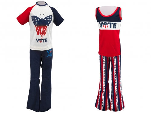 Two outfits of red, white and blue clothes featuring the word Vote.
