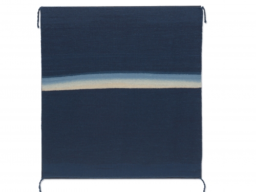 Image of flat tapestry in dark blue with light blue horizontal stripe across center.