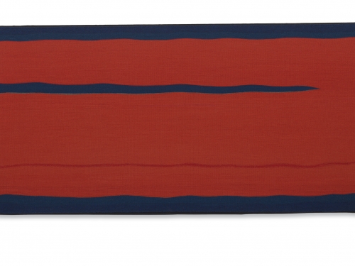 Image of flat tapestry that is red and blue.