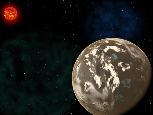 Artist's rendering of planet orbiting red sun
