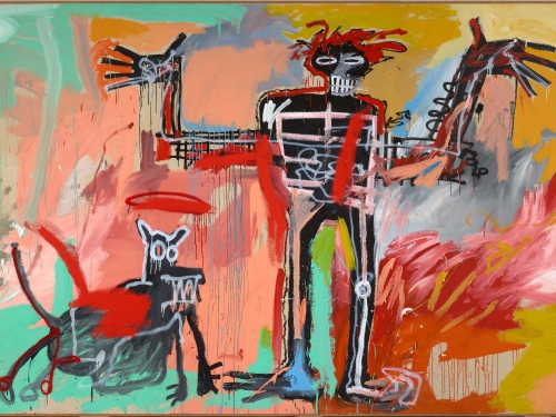 Painting of a stylized figure and dog against swaths of bright color.