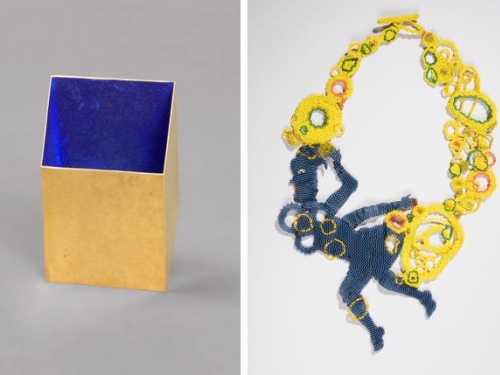 Side by side photos of avant-garde jewelry