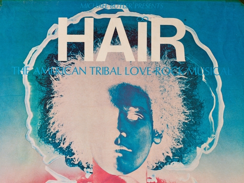 Poster with silhouette in blue and red of man with afro, large type font at top spells hair.