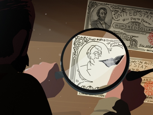 Silhouette of a man using a magnifying glass to look at money.