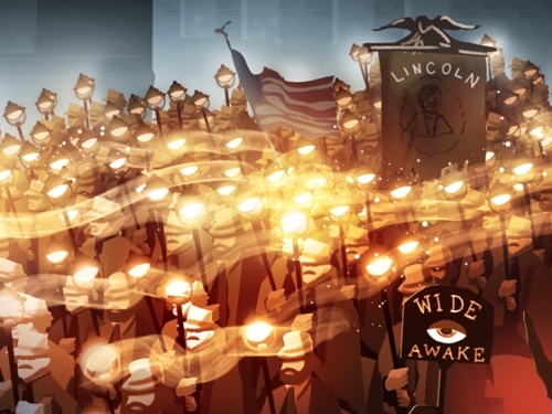 Illustration of a large crowd holding torches.