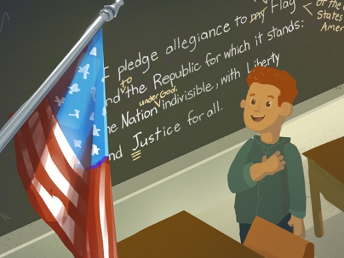 Illustration of children with their right hands on their hearts looking at an American flag.