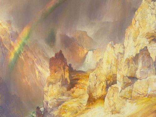 painting of yellowstone landscape with rainbow