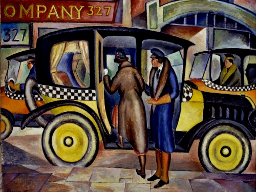 painting of people getting into a taxi cab
