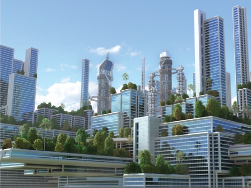 Illustration of a possible future city with tall silver skyscrapers.