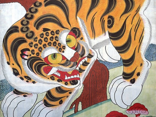 Vivid painting of a tiger and sacred fungus.