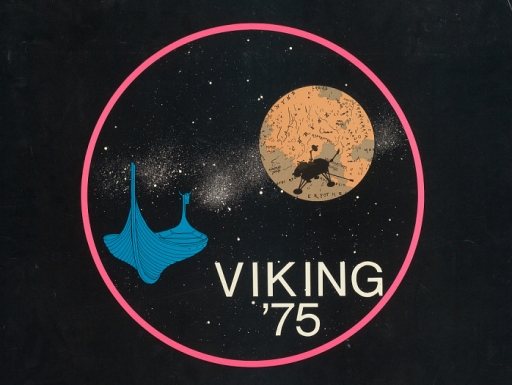 blue viking longship and the silhouette of a Viking lander against a topographical globe of Mars