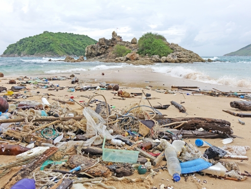 Plastic trash sits amid debris on a beach with water and small hills in the background.