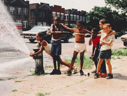 A group of young mixed-race children stand next to a fire hydrant spraying water.