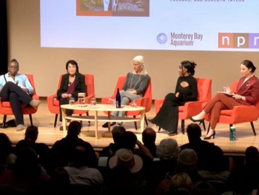 Image of a stage with panelists sitting in chairs. 