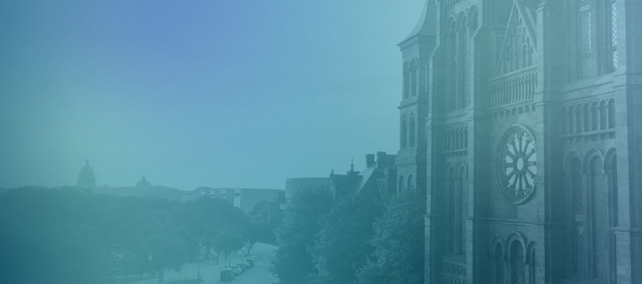 A blue and green silhouette of the Smithsonian Castle.