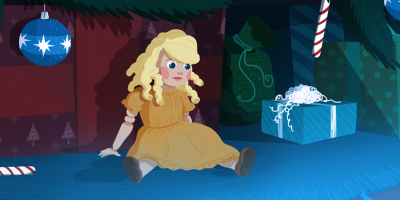 illustration of doll in front of a Christmas tree