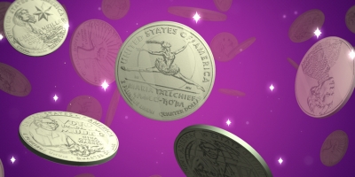 Purple background with illustrated coins floating around.