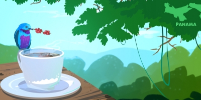 Illustration of a blue and purple bird sitting on the side of a white cup of coffee with jungle trees in background.