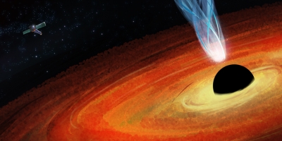 Illustration of a black hole with Chandra x-ray observatory circling nearby