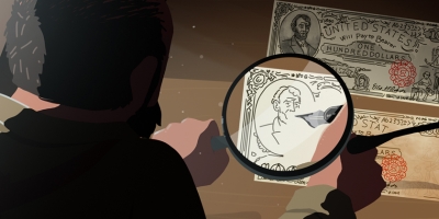 Silhouette of a man using a magnifying glass to look at money.