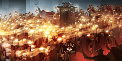 Illustration of a large crowd holding torches.