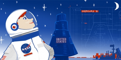 Illustration of a female astronaut standing proudly next to a rocket that says "United States."