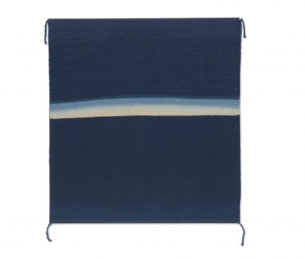 Image of flat tapestry in dark blue with light blue horizontal stripe across center.