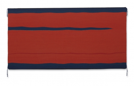 Image of flat tapestry that is red and blue.