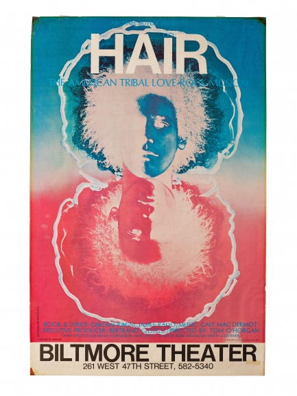 Stylized theater poster with word HAIR across top and mirrored image of person with afro in blue and red.