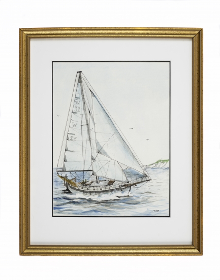 Watercolor painting of sailboat with large, white mast over light blue water.