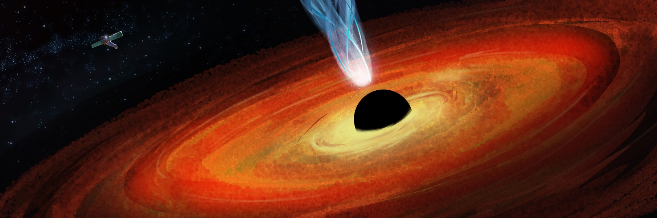 Illustration of a black hole with Chandra x-ray observatory circling nearby.