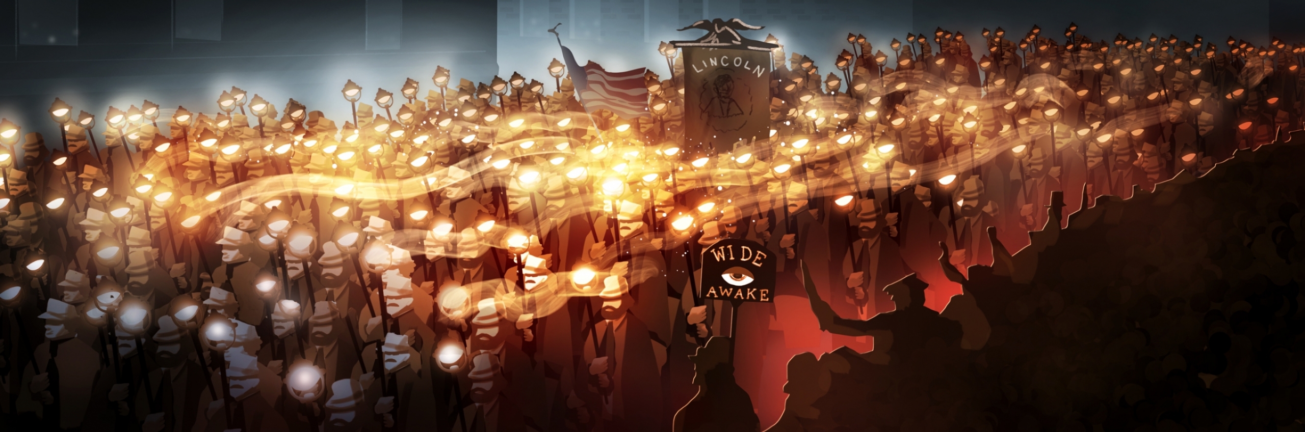 Illustration of a large crowd holding torches.