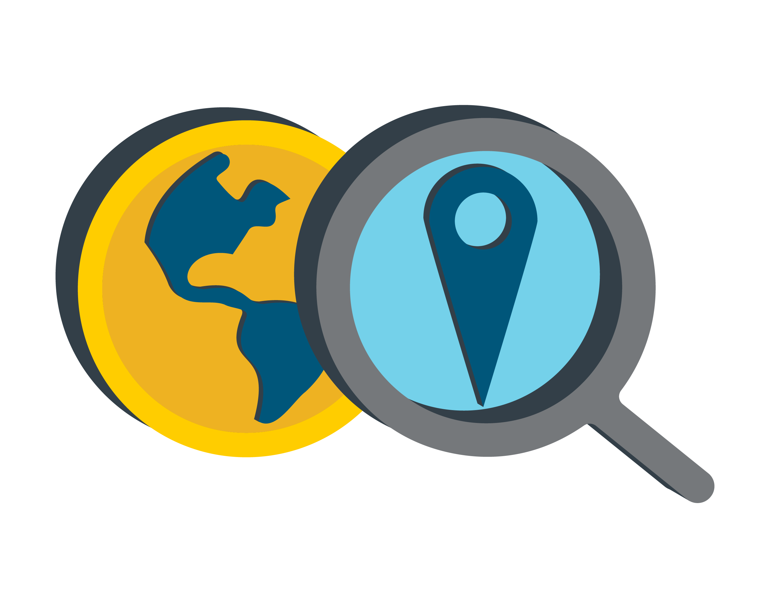 Graphic icon featuring a globe and magnifying lense.