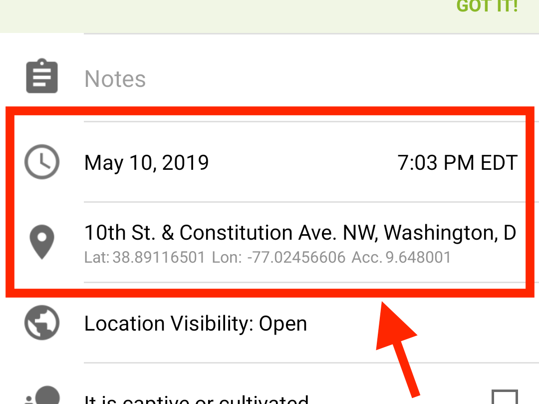 The date, time, and location fields will self-populate based on your current time and location or metadata associated with the uploaded photo.  You can manually update any field by pressing it.